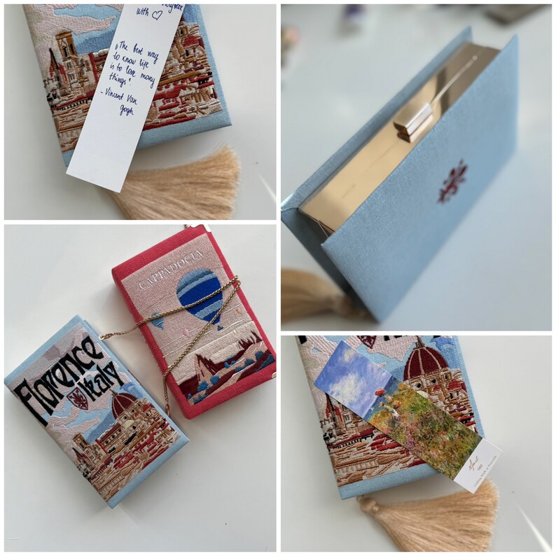 Pu&ograve; includere: Un set di quattro pochette ricamate con diversi design. Le pochette sono blu, rosa e bianche con immagini ricamate dello skyline di Firenze, mongolfiere e una citazione di Vincent Van Gogh. Le pochette hanno un fiocco e una chiusura in metallo.