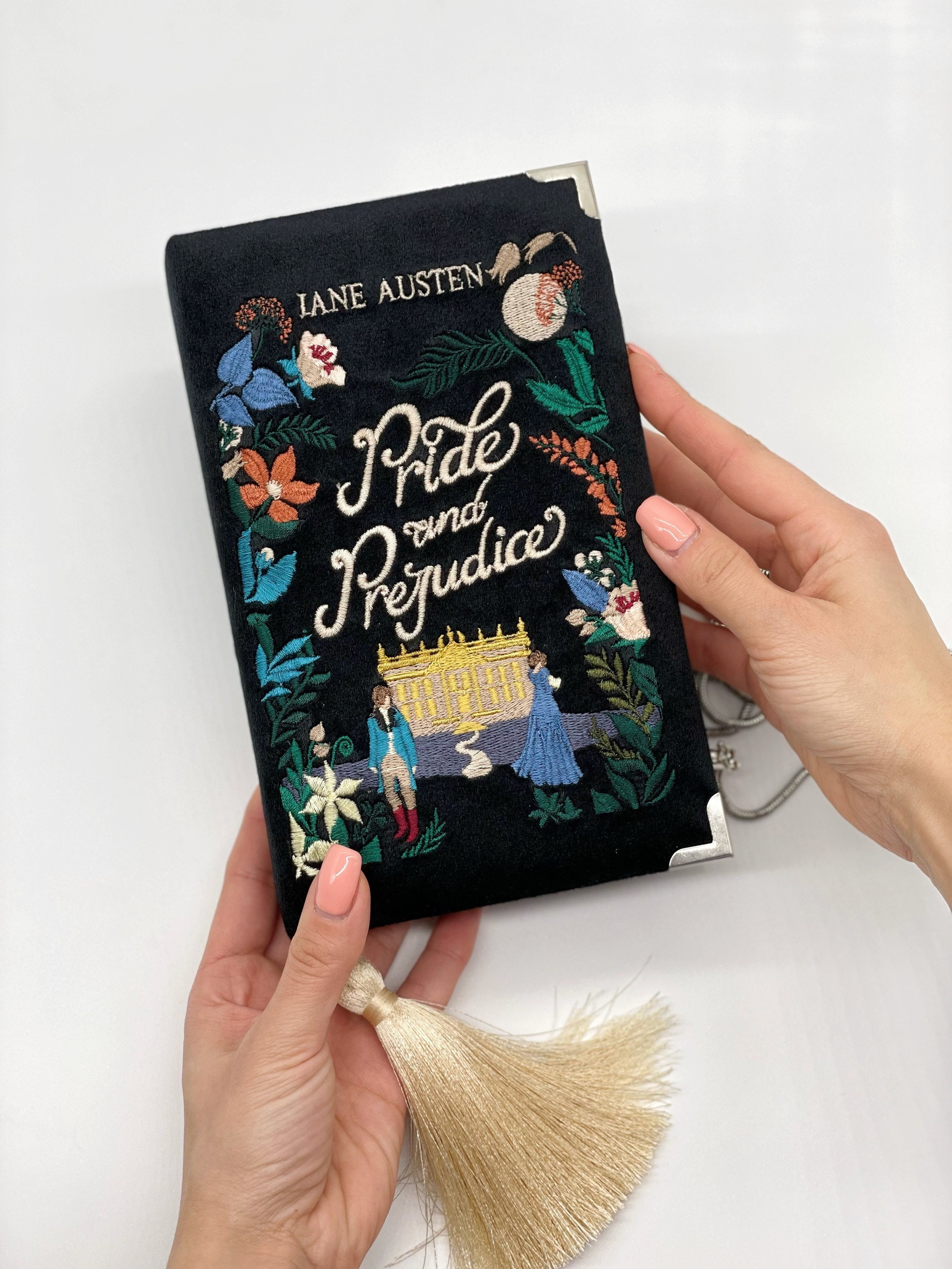 Embroidered Book Clutch Purse - Pride and Prejudice Black Handbag