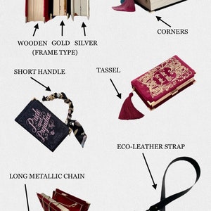 Pu&ograve; includere: Una collezione di pochette a forma di libro con diversi tipi di cornice: legno, oro e argento. Le borse presentano vari ornamenti, tra cui un fiocco, un manico corto, una lunga catena metallica e una tracolla in ecopelle. Le borse sono disponibili in diversi colori, tra cui nero, rosso e oro. Il testo sulle borse recita "Pride and Prejudice" e "Gate with the wind".