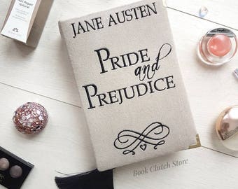 Embroidered Book Clutch - Personalise gold embroidery - PRIDE and PREJUDICE - Jane Austen