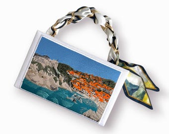 Embroidered book bag clutch, Croatia - Montenegro evening purse, orange roof, landscape