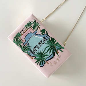 Sac à main pochette de livre, sac à main fantaisie brodé, rose Miami