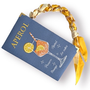 Gestickte Buchtasche Aperol Clutch, Blau Orange Abendtasche