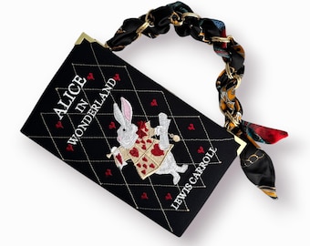 Alice in Wonderland Handbag - Black and White Version - Unique Embroidered Book Purse