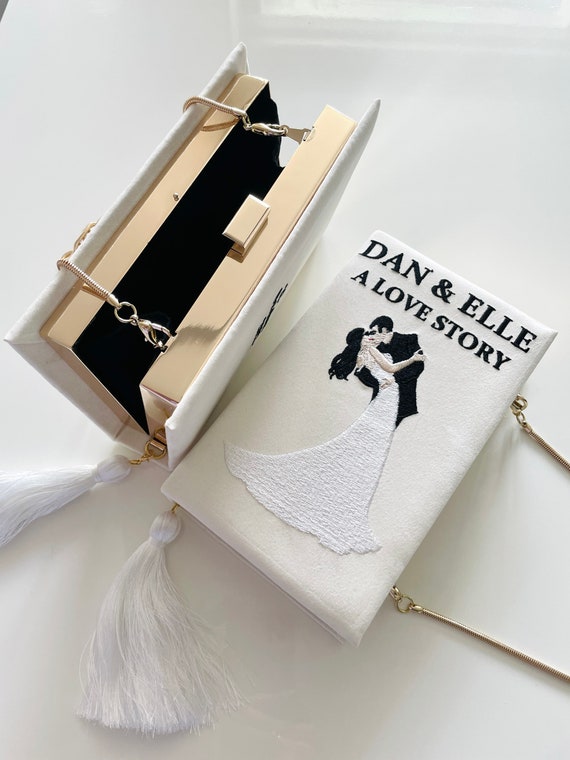 Embroidered bridal wedding book clutch, novelty bag, crossbody, shoulder purse white