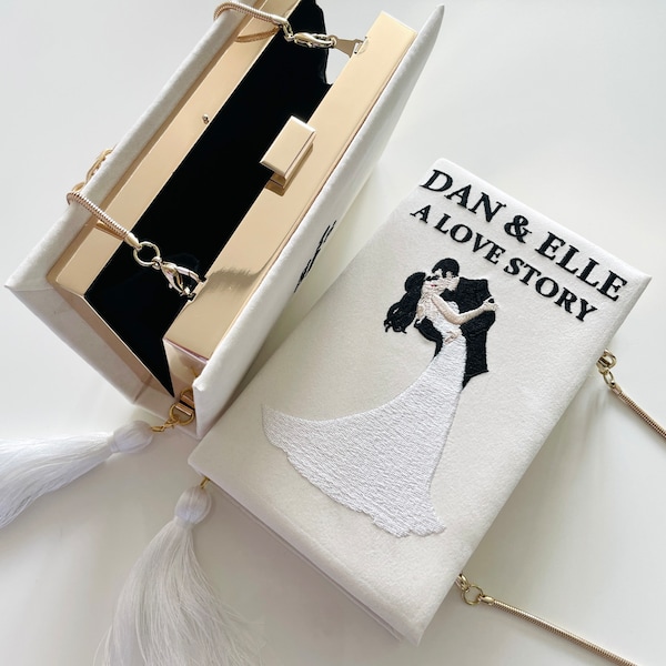 Embroidered bridal wedding book clutch, novelty bag, crossbody, shoulder purse white