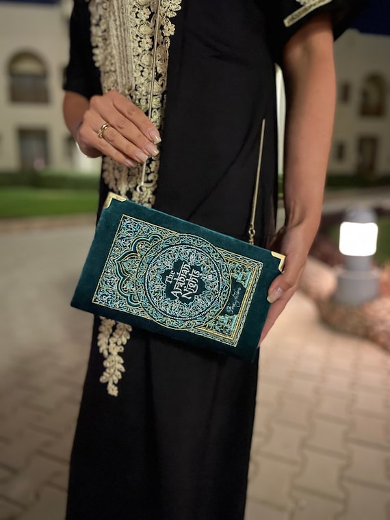 Embroidered book clutch, Arabian Nights novelty bag, crossbody, shoulder purse turquoise velvet