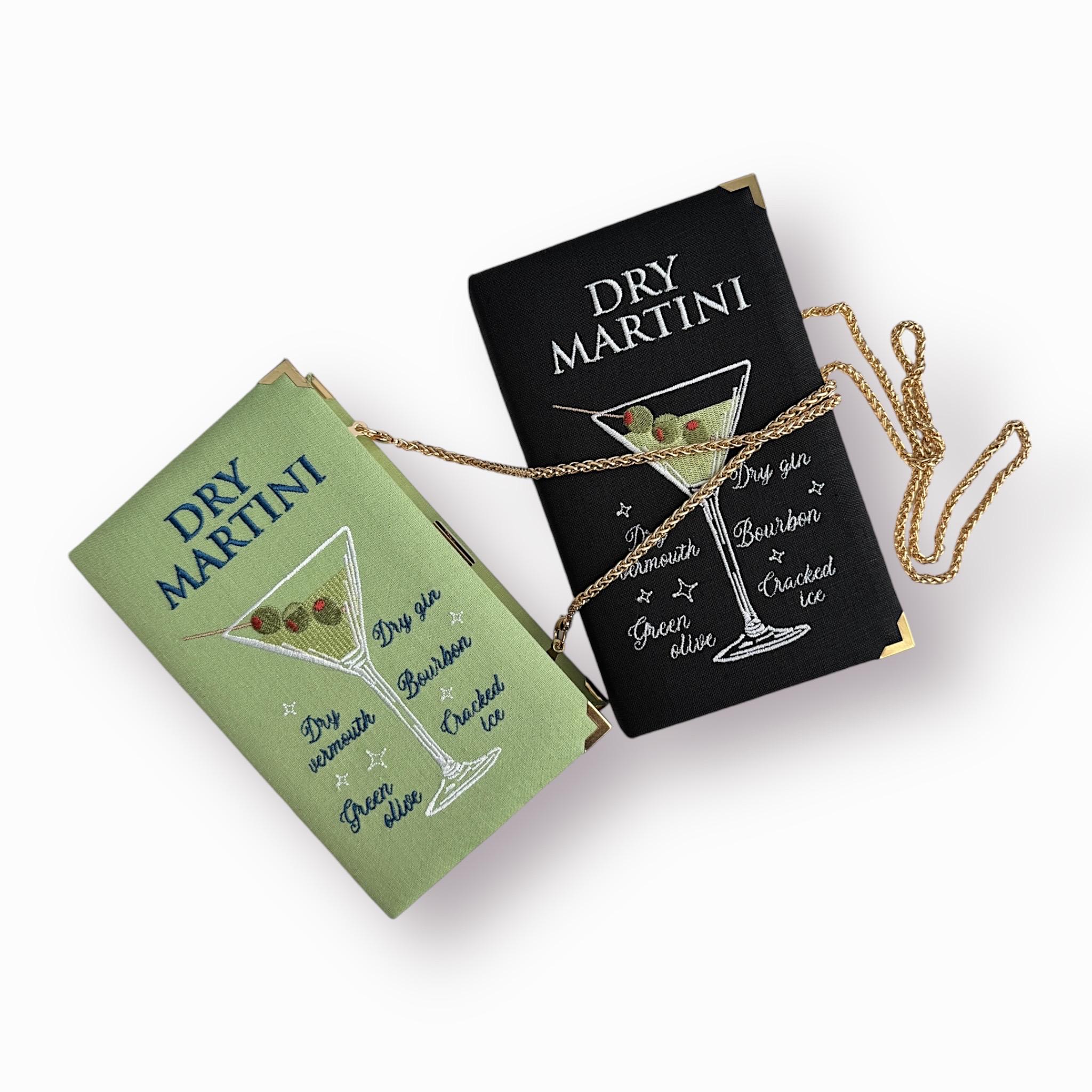 Gestickte Buchtasche Clutch, Dry Martini, schwarze Cocktail-Abendtasche