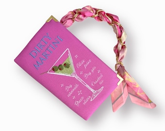Embroidered Dirty Martini book bag clutch, pink party evening purse