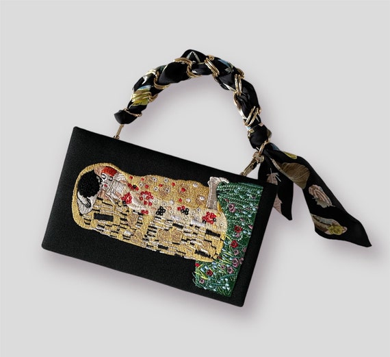 Embroidered book clutch Gustav Klimt, black canvas novelty bag, crossbody, shoulder purse
