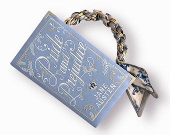 Blue wedding clutch Pride and Prejudice, embroidered book bag, evening purse