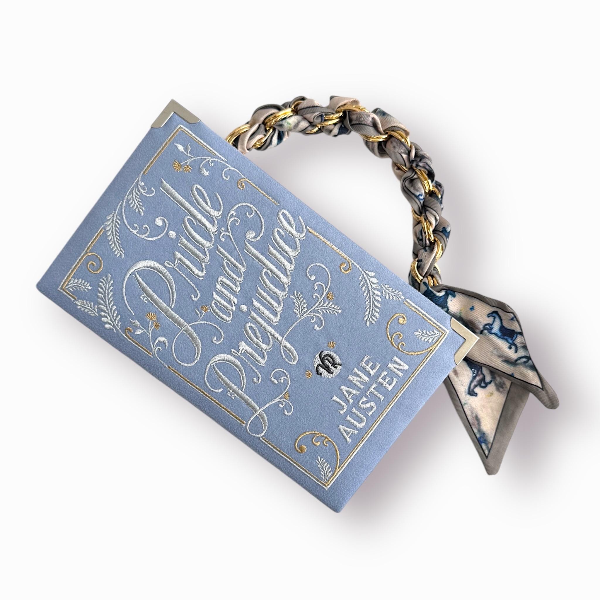 Blue wedding clutch Pride and Prejudice, embroidered book bag, evening purse