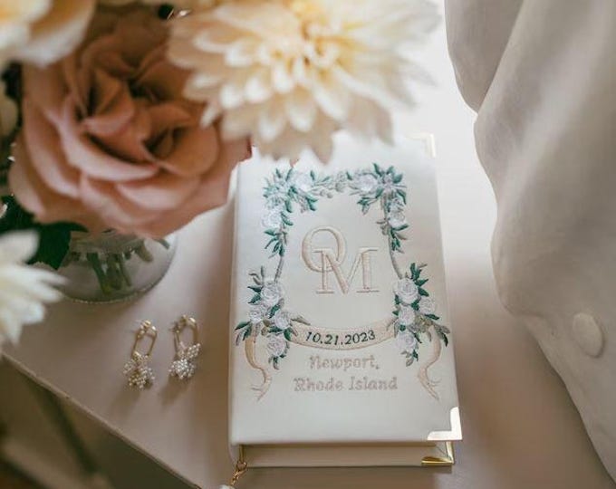 Custom crest embroidery, Book clutch purse, embroidered novelty bag white ivory, 1 sided embroidery