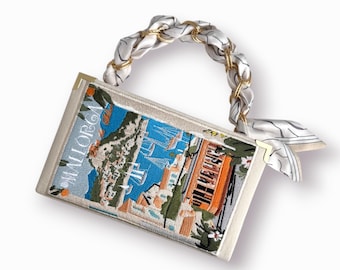 Book clutch purse Mallorca, Spain embroidered evening novelty bag beige and orange
