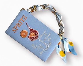 Orange Spritz Handbag in Blue Linen - Unique Embroidered Book Purse