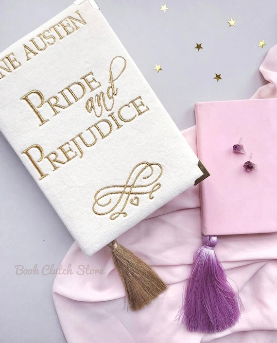 PRIDE AND PREJUDICE book clutch purse, white velvet embroider handbag with gold antique decoration