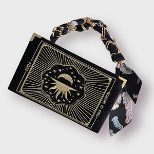 Pochette cartable brodée, Astrologie, sac à main noir et or
