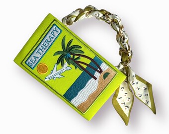 Embroidered Sea Therapy book bag clutch, green and gold evening purse
