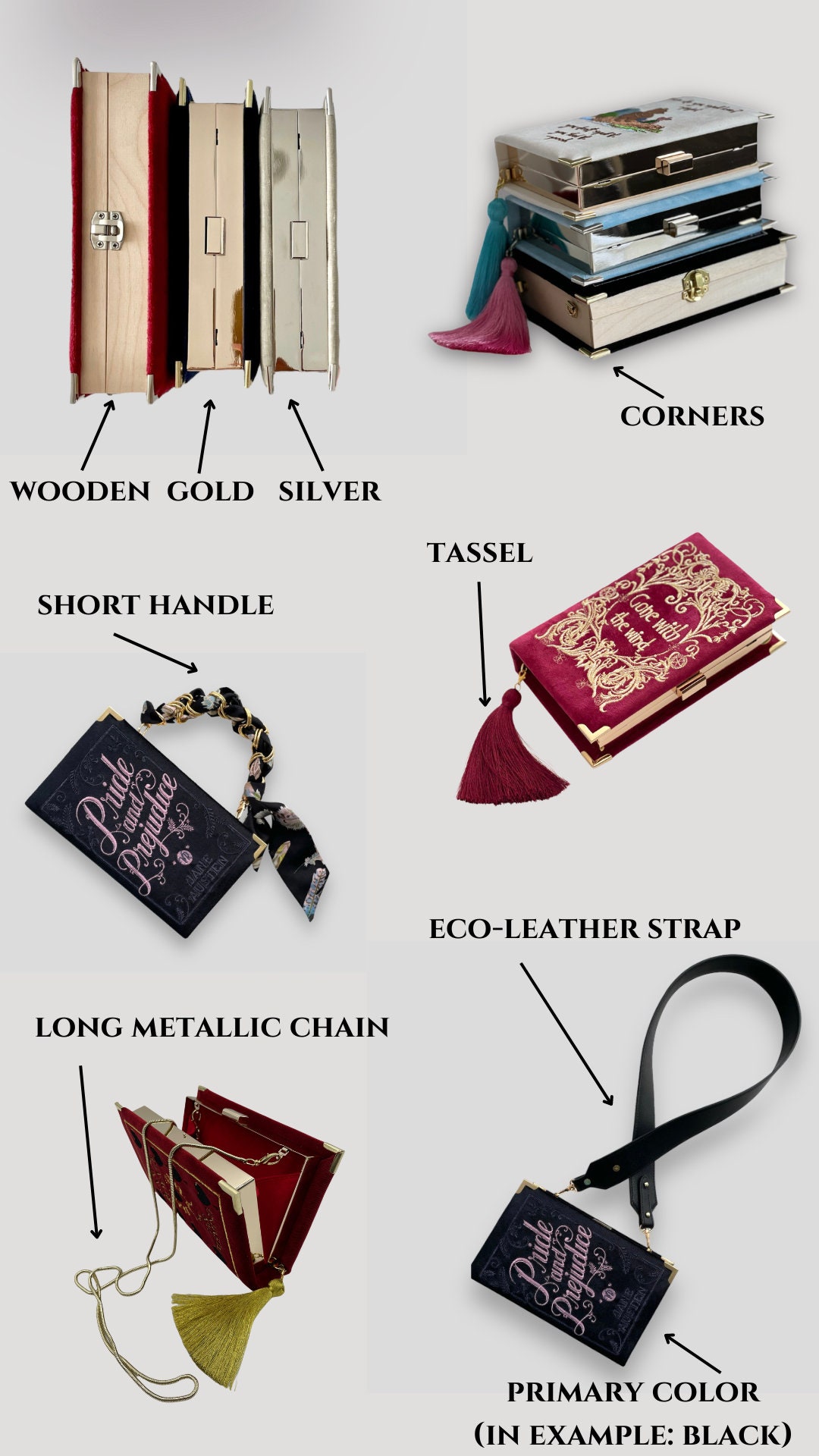 Embroidered Book Clutch Novelty Bag Crossbody Pride and Prejudice Blush Pink Shoulder Purse