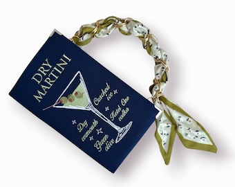 Dry Martini Handbag in Nay Blue Linen - Unique Embroidered Book Purse