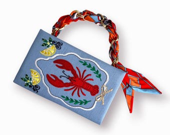 Embroidered book bag Lobster with lemons clutch, blue evening purse