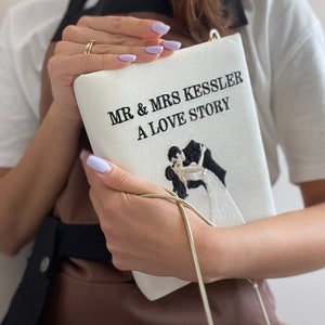 Libro de bodas bolso clutch Mr and Mrs, bolso de novedad Love Story bordado, crossbody, cartera literaria de hombro blanco