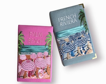Pink Palm Beach Embroidered Book Clutch, Vacation Bag, Custom Purse