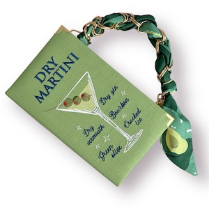 Bolso de mano tipo sobre con bordado Martini, bolso de noche verde y dorado