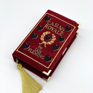 Buch Clutch Handtasche Tasche Kasino, Crossbody Handtasche für sie Geburtstag, Burgund und Gold, Abend Neuheit Tasche