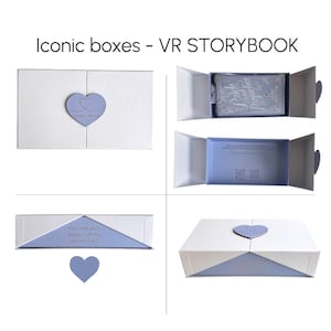 May include: White and blue gift boxes with a heart-shaped closure. One box contains a book titled "Pride and Prejudice" by Jane Austen. The text "Iconic boxes - VR STORYBOOK" is at the top. The text "Your next story begins with the perfect clutch" is also visible.