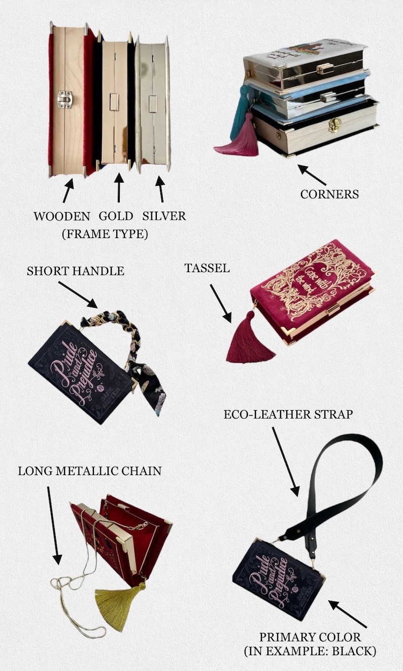 May include: A collection of book-shaped clutch bags with different frame types: wooden, gold, and silver. The bags feature various embellishments, including a short handle, a long metallic chain, a tassel, and an eco-leather strap. The bags are available in different colors, including black, red, and gold. The text on the bags reads "Pride and Prejudice" and "Gate with the wind".
