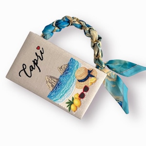 Pochette livre brodée, sac fantaisie, bandoulière, sac à main Capri Italia avec des citrons