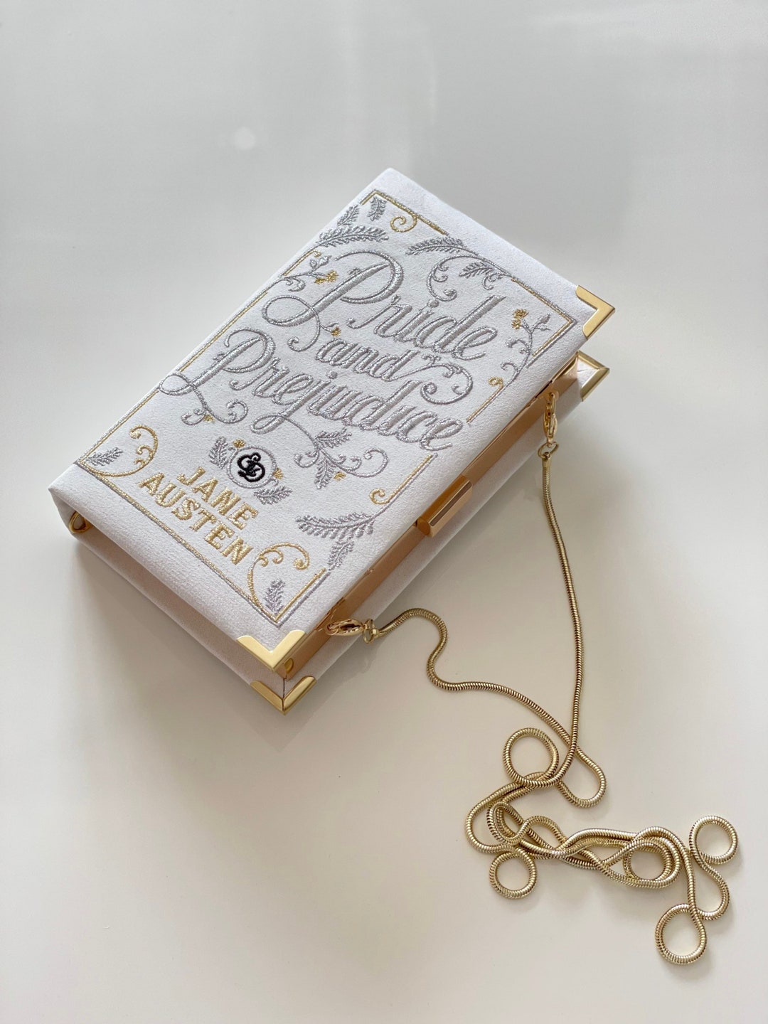 Book Clutch Purse Pride and Prejudice, Embroidered Novelty Bag, Crossbody, White Shoulder