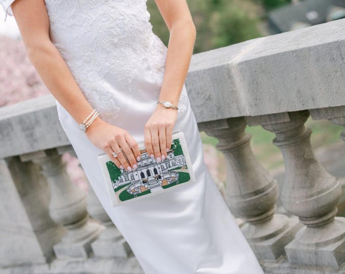 Custom crest embroidery, Book clutch purse, embroidered novelty bag white ivory, 1 sided embroidery