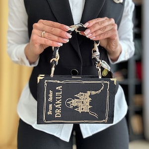 Embroidered book bag clutch, Drakula Dracula, black evening purse