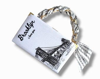 Book bag purse clutch in white linen - unique embroidered handbag - NYC lovers & travelers