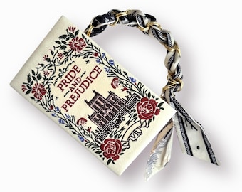 Embroidered Pride and Prejudice book bag clutch, beige and gold evening purse