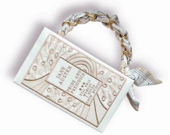 Pride and Prejudice book clutch, book lover present, ivory white with gold