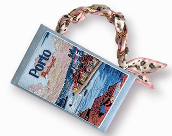 Embroidered book bag Porto Portugal clutch, blue evening purse