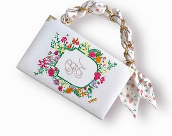 Book clutch purse, embroidered novelty bag, bride to be, flowers and initials