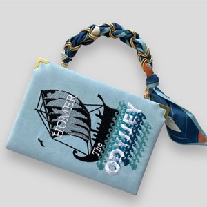 Book clutch purse, Odyssey light blue embroidered evening novelty bag