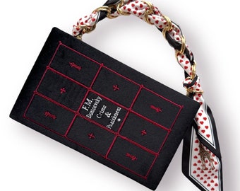 Embroidered book clutch, novelty bag Crime and Punishment black gold velvet shoulder purse