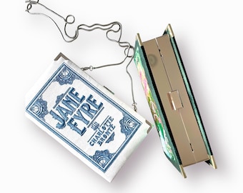 Book clutch purse, embroidered novelty bag, Jane Eyre, shoulder bag, blue white
