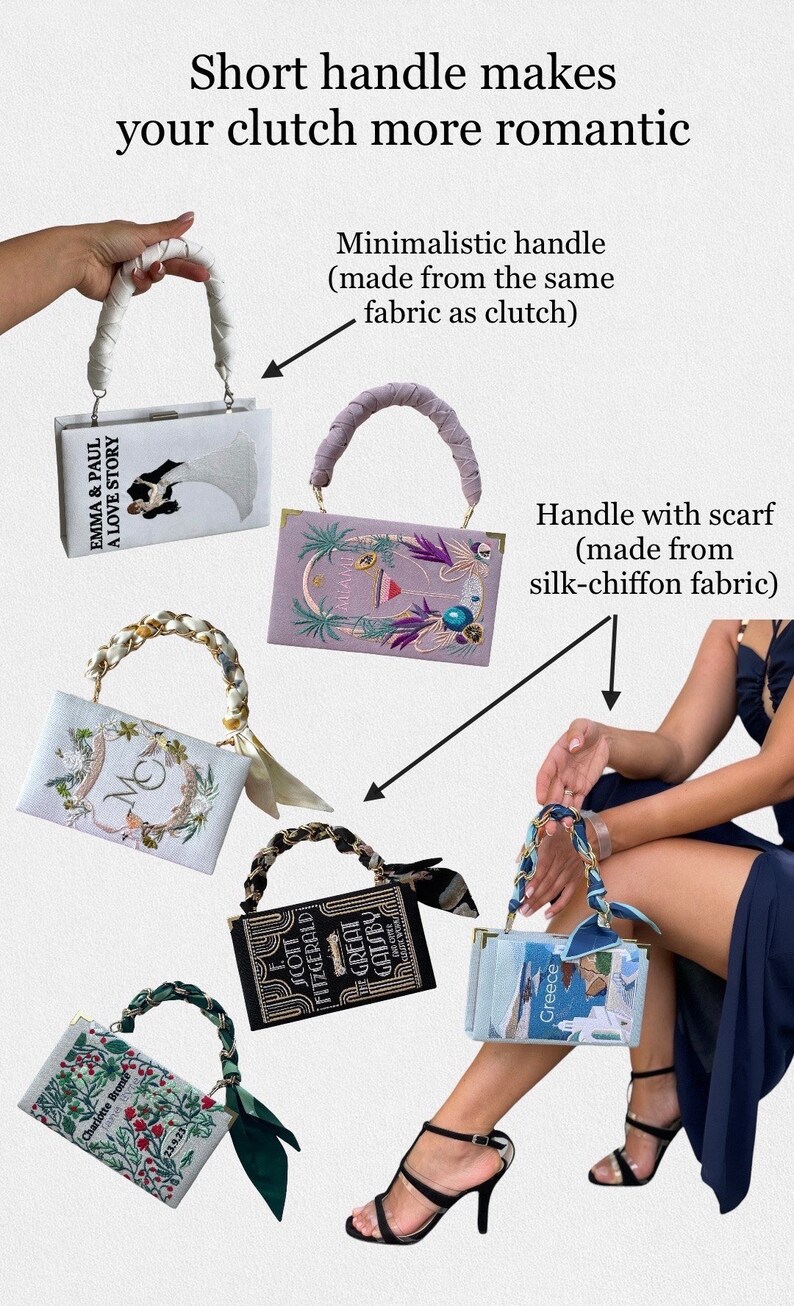 Pu&ograve; includere: Cinque diverse pochette a forma di libro con manici corti. I manici sono realizzati in tessuto o con una sciarpa. Le pochette sono decorate con ricami e presentano titoli come "Emma & Paul A Love Story", "The Great Gatsby" e "Miami".