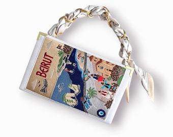 Beirut Lebanon Handbag in White Linen - Unique Embroidered Book Purse