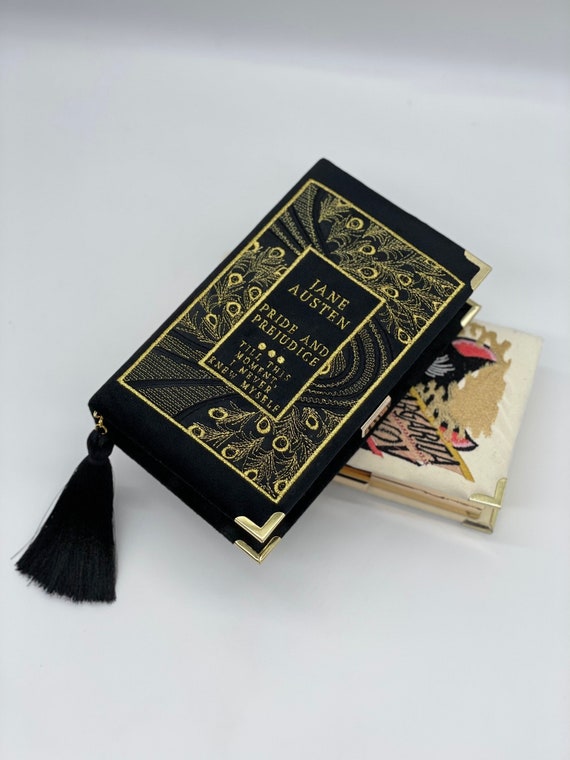 高慢と偏見ブックバッグクラッチバッグ、刺繍入りブラックハンドバッグ