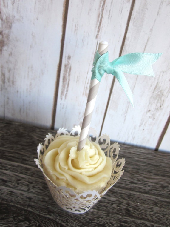 Set of 12 - Mint and Gray Cupcake Toppers / Mint Ribbon / Wedding / Christmas / Holiday / Frozen Il_570xn