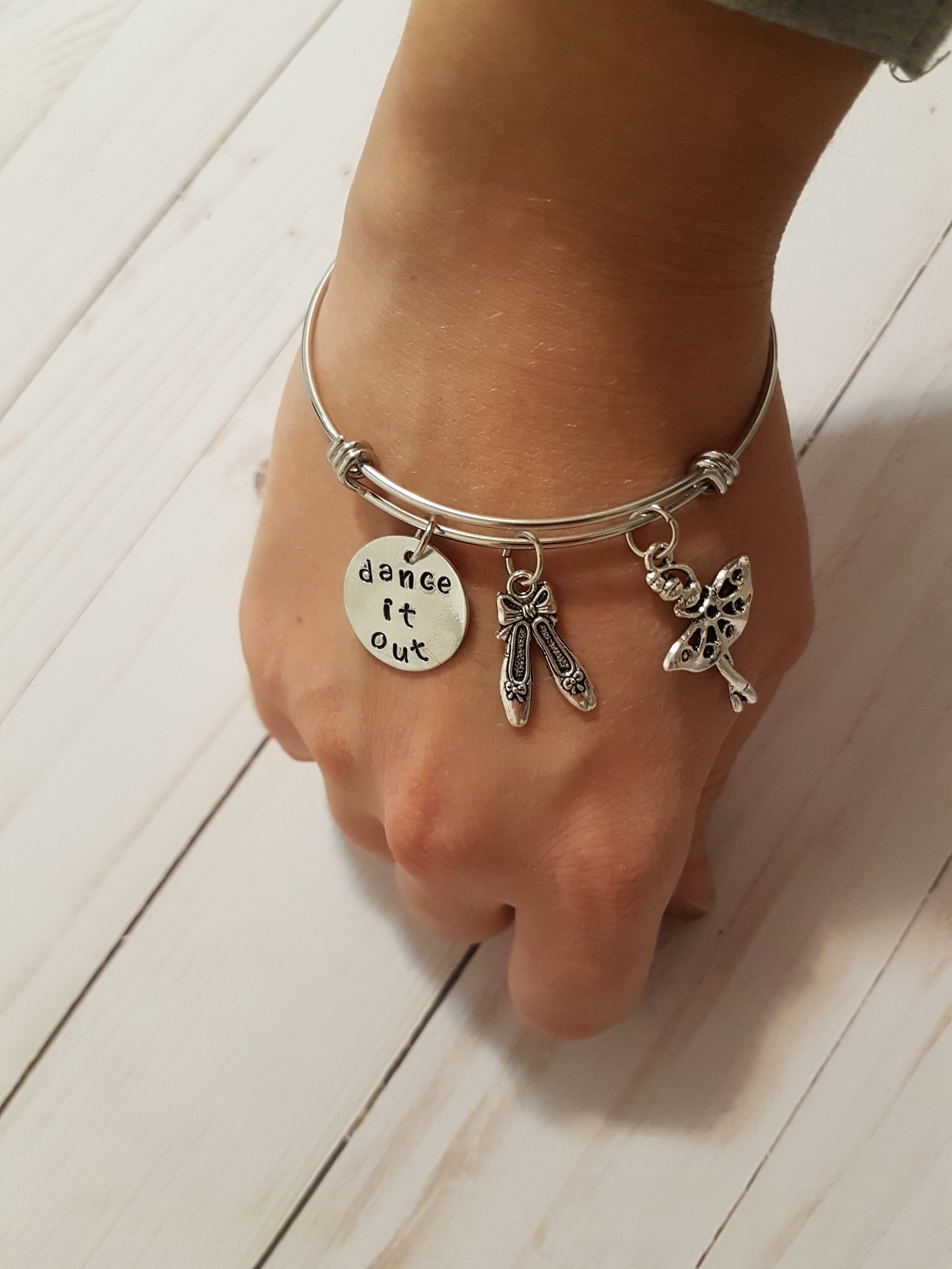 charm bracelet, adjustable bangle bracelet with ballerina, ballet shoes charm bracelet, dance it out stamped bracelet, friends b