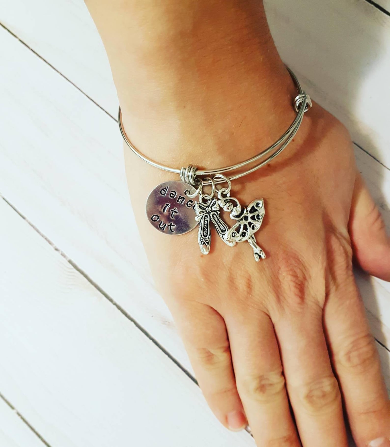 charm bracelet, adjustable bangle bracelet with ballerina, ballet shoes charm bracelet, dance it out stamped bracelet, friends b