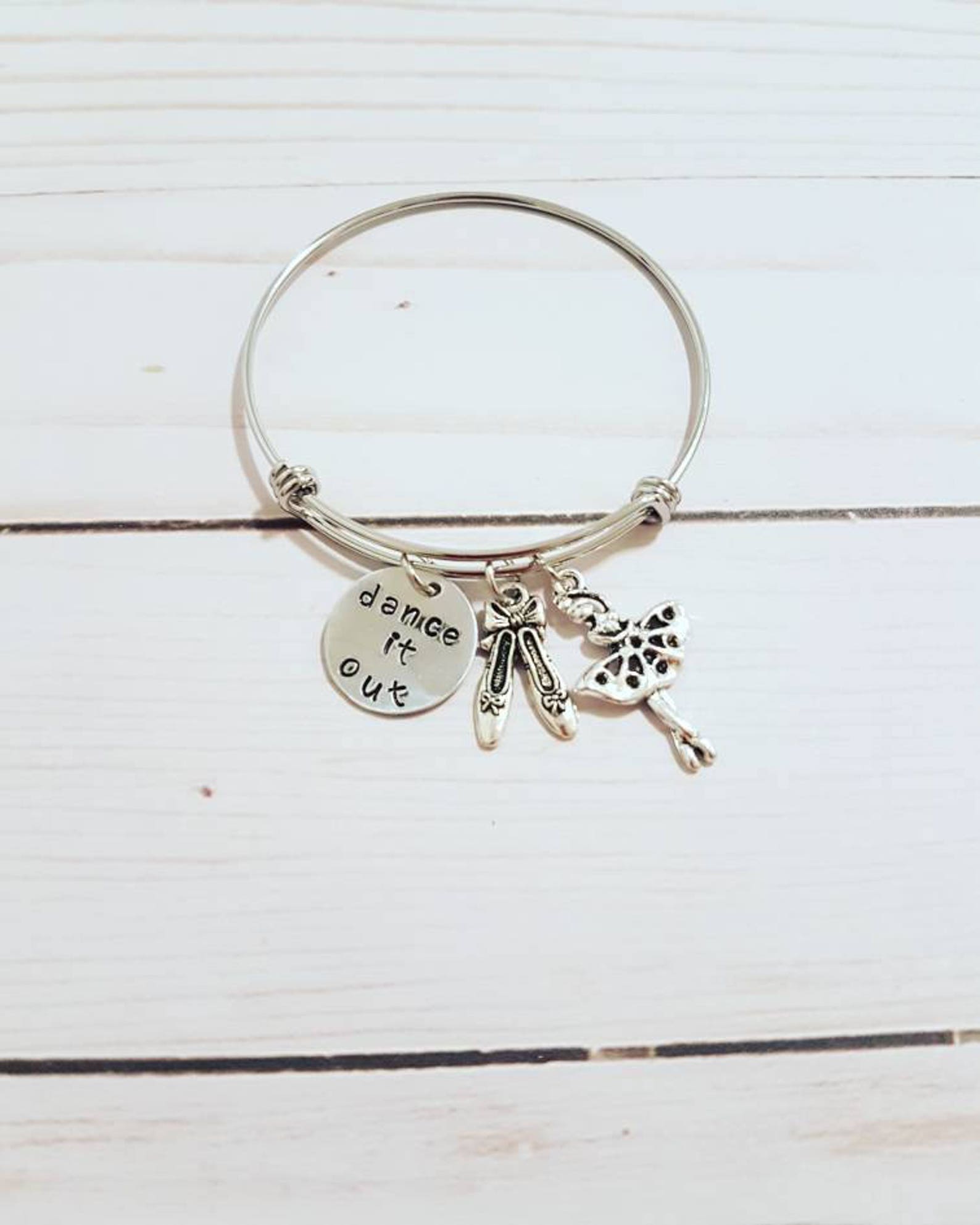 charm bracelet, adjustable bangle bracelet with ballerina, ballet shoes charm bracelet, dance it out stamped bracelet, friends b